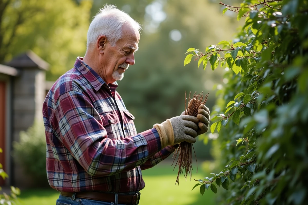 Homme inspectant des branches de laurier taillées