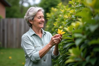 Femme inspectant un oléander avec feuille jaunie