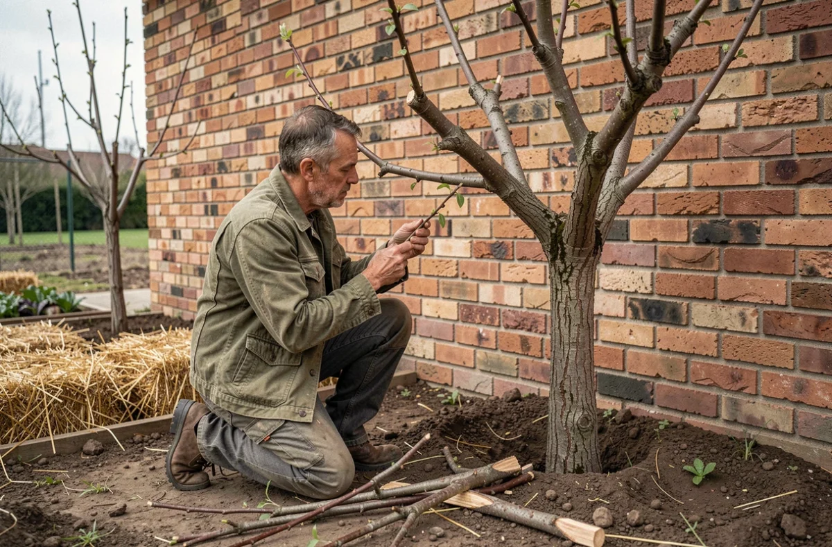 Jardinier inspectant les branches d'un pêcher de vigne en gobelet contre un mur de briques pour détecter les maladies