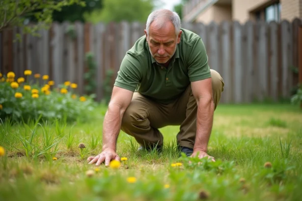 Homme inspectant une pelouse envahie de mauvaises herbes comme le pissenlit et le trèfle dans un jardin suburban