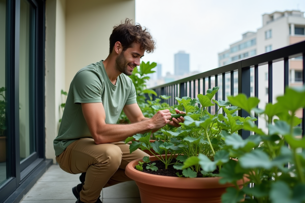 Jeune homme vérifiant une plante de courgette en pot