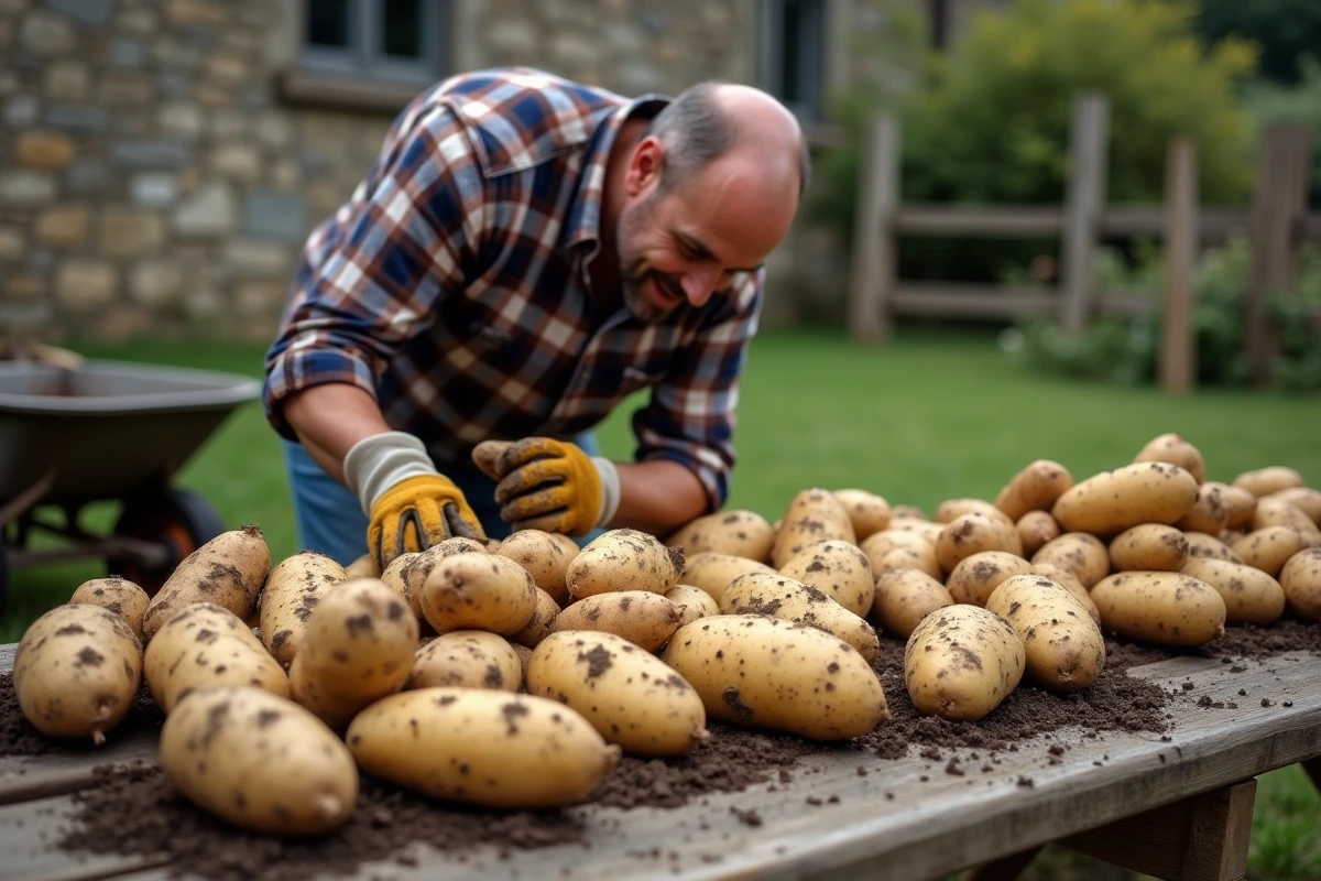 Pommes de terre fraîchement récoltées étalées sur une table en bois dans une ferme, inspectées par un agriculteur portant des gants de travail