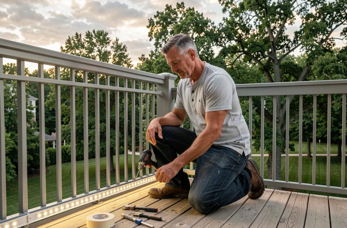 Homme installant une bande LED solaire sur la rambarde d'un balcon en bois en extérieur