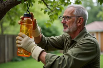 Homme installant un piège à frelons dans un jardin en accrochant le dispositif à une branche d'arbre avec des gants de protection