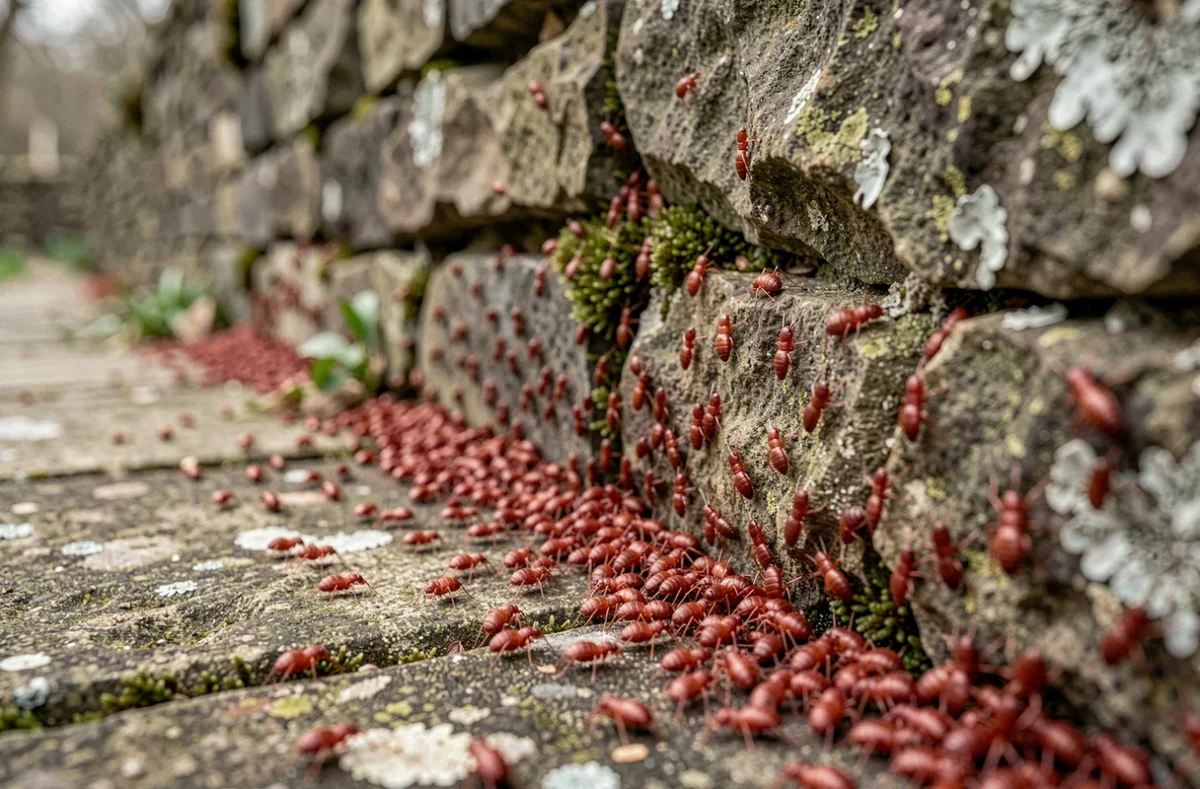 Invasion de petites bestioles rouges au bas d'un mur en pierre au printemps