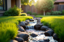 Jardin moderne avec drain francais et eau qui coule