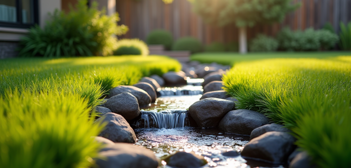 Jardin moderne avec drain francais et eau qui coule