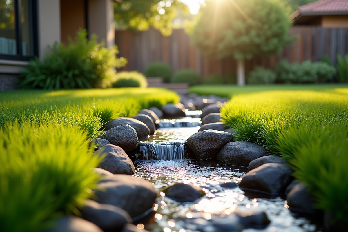 Jardin moderne avec drain francais et eau qui coule