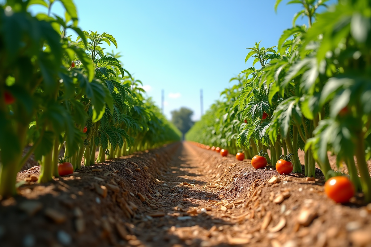 Jardin de tomates bien entretenu avec paillis et tomates mûres