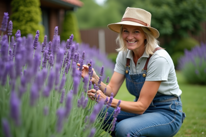 Femme au jardin avec lavande et abeilles