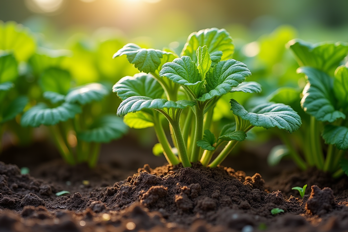 Potager luxuriant avec paillage naturel au matin