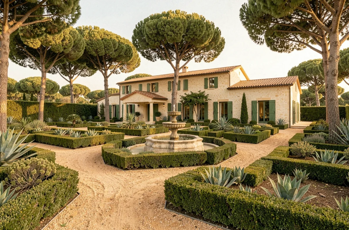 Jardin de villa provençale aménagé avec haies de buis, allées en gravier et fontaine en pierre dans les Bouches-du-Rhône