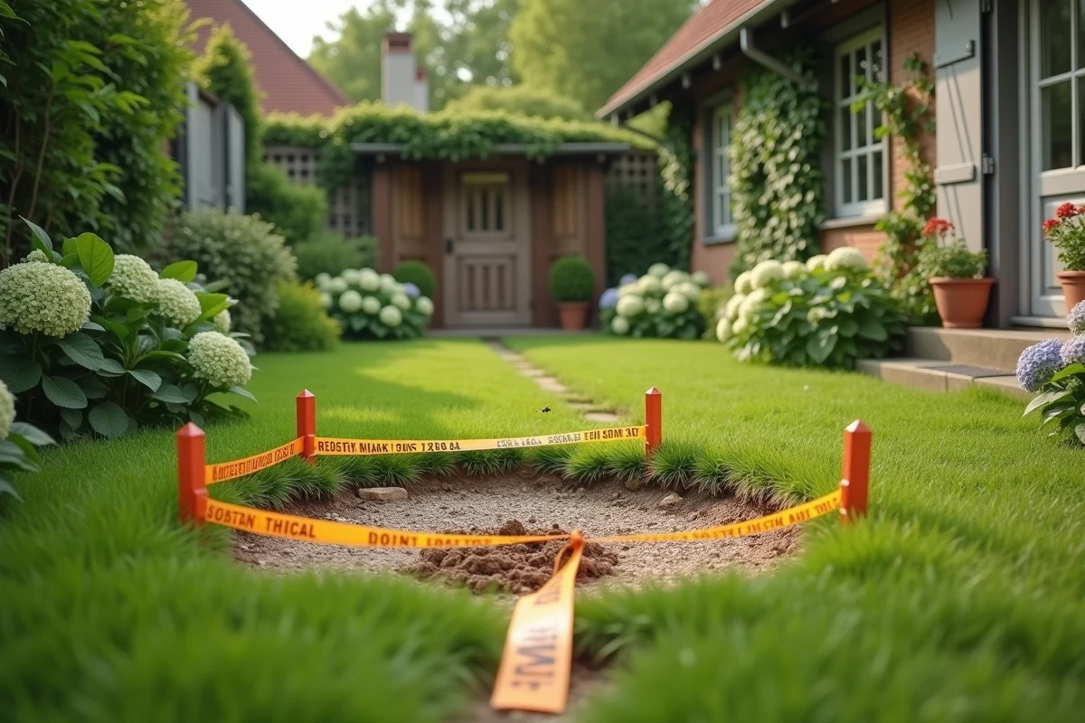 Jardin résidentiel avec une zone balisée autour d'un nid de guêpes souterrain signalé par du ruban d'avertissement orange et des piquets