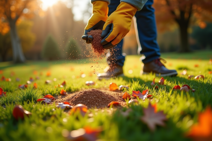 Personne appliquant engrais sur pelouse automnale verte