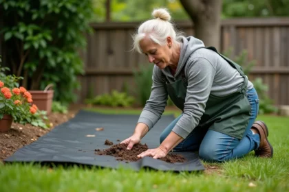 Femme en vêtements de jardinage posant sur une pente verte