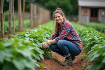 Femme moyenne âge inspectant des haricots dans un jardin