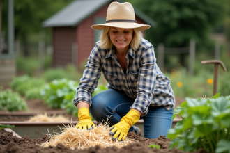 Femme au chapeau de paille mulchant le sol dans un jardin