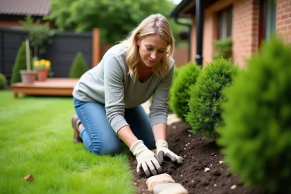 Femme d'âge moyen plantant des arbustes dans un jardin