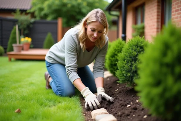 Femme d'âge moyen plantant des arbustes dans un jardin