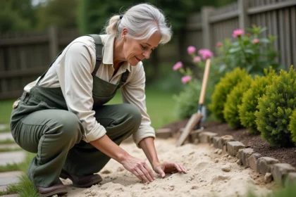 Femme en vêtements de jardinage examine le sol calcaire