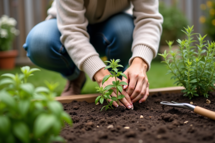 Femme plantant des herbes aromatiques dans un jardin