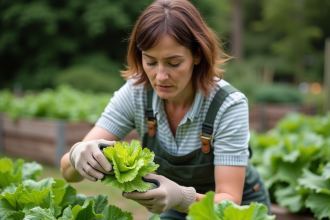 Femme inspectant une laitue dans son jardin bio