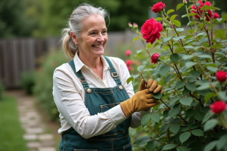 Femme de jardinage taillant un rosier dans un jardin