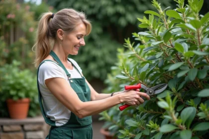 Femme d'âge moyen taillant une sauge dans son jardin