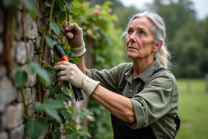 Femme taillant un rosier avec gants et outils de jardinage