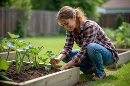 Femme plantant des jeunes courgettes dans son jardin
