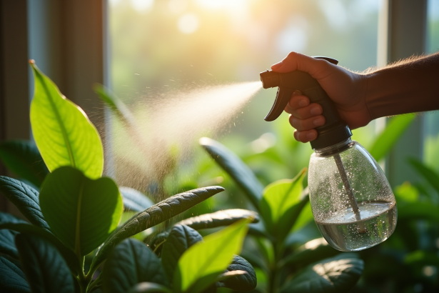 Jardinier arrosant plantes d interieur avec vaporisateur