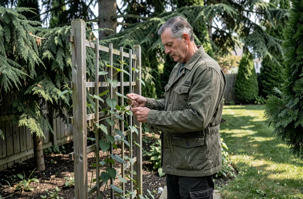 Jardinier fixant une clématite sur un treillage à l'ombre de conifères, erreur courante d'emplacement pour la floraison