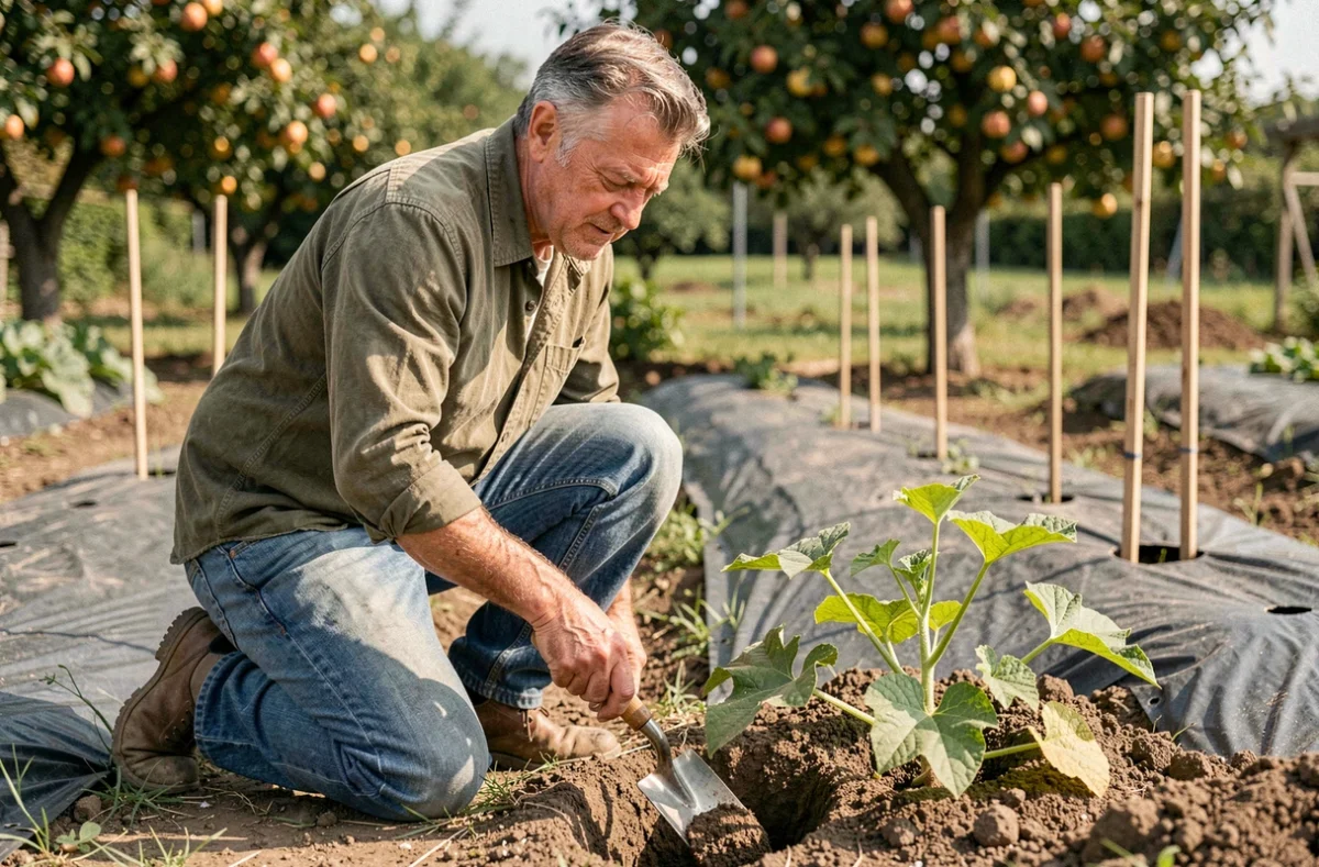 Jardinier qui prépare le sol avec du paillage noir pour planter un melon après les saints de glace