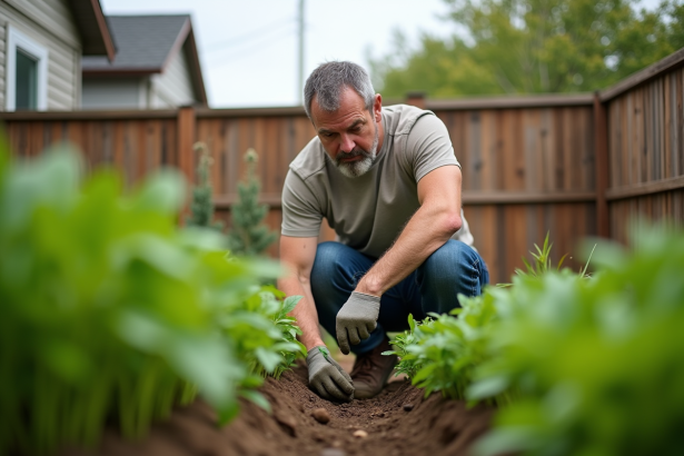 Homme d'âge moyen jardinant dans son potager en extérieur