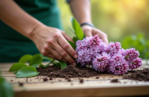 Jardinier préparant un lilas sur une table en bois