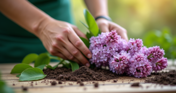 Jardinier préparant un lilas sur une table en bois