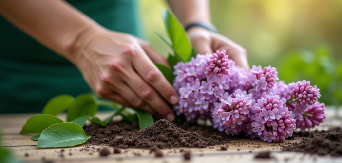 Jardinier préparant un lilas sur une table en bois