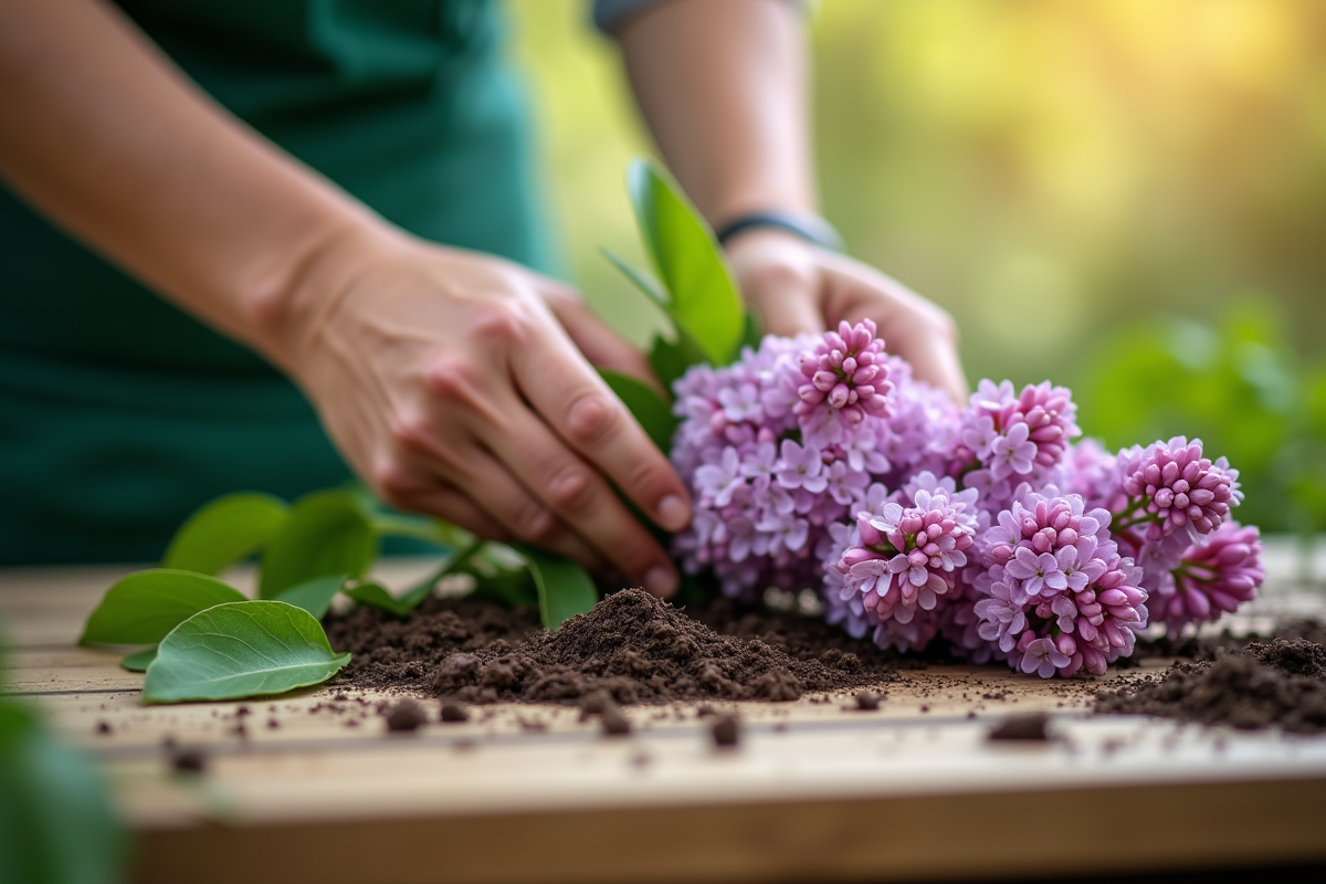 Jardinier préparant un lilas sur une table en bois
