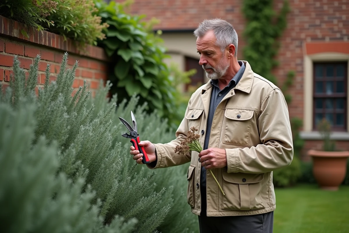 Jardinier inspectant une sauge arbustive mal taillée devant une haie envahissante au jardin