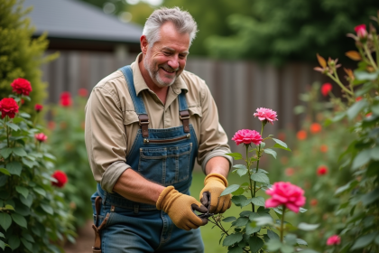 Homme jardinier taillant des roses dans un jardin
