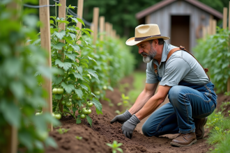 Homme d'âge moyen en vêtements de jardinage dans un potager