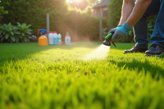 Jardinier en gants pulvérisant un désherbant sur la pelouse ensoleillée