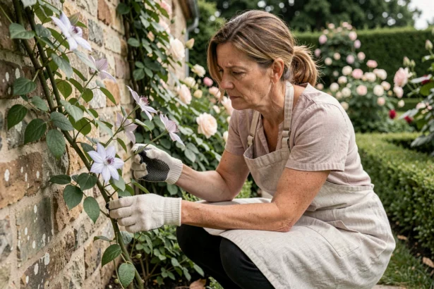 Jardinière examinant une clématite à tiges étiolées contre un mur en pierre, illustrant une erreur d'exposition à la lumière