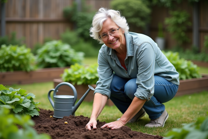Femme en jardinage dans un potager verdoyant