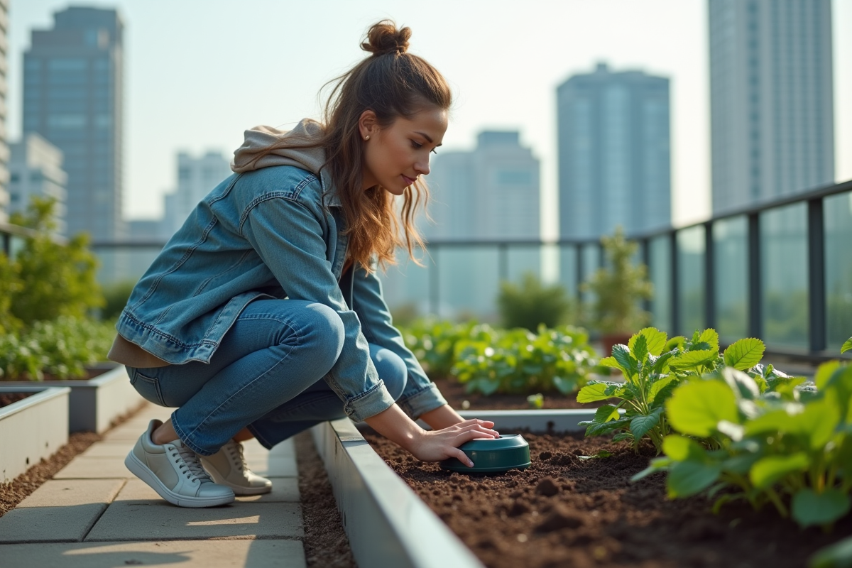Jeune femme dans un jardin urbain avec appareil connecté
