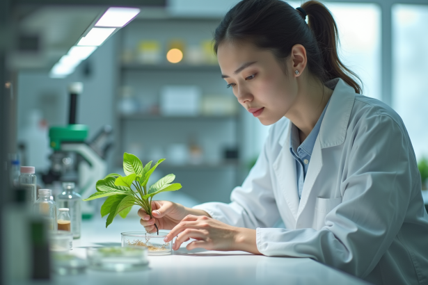 Jeune botaniste en laboratoire examinant une plantule verte