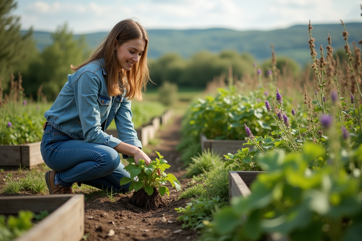 Jeune femme arrachant des orties à la main dans le jardin