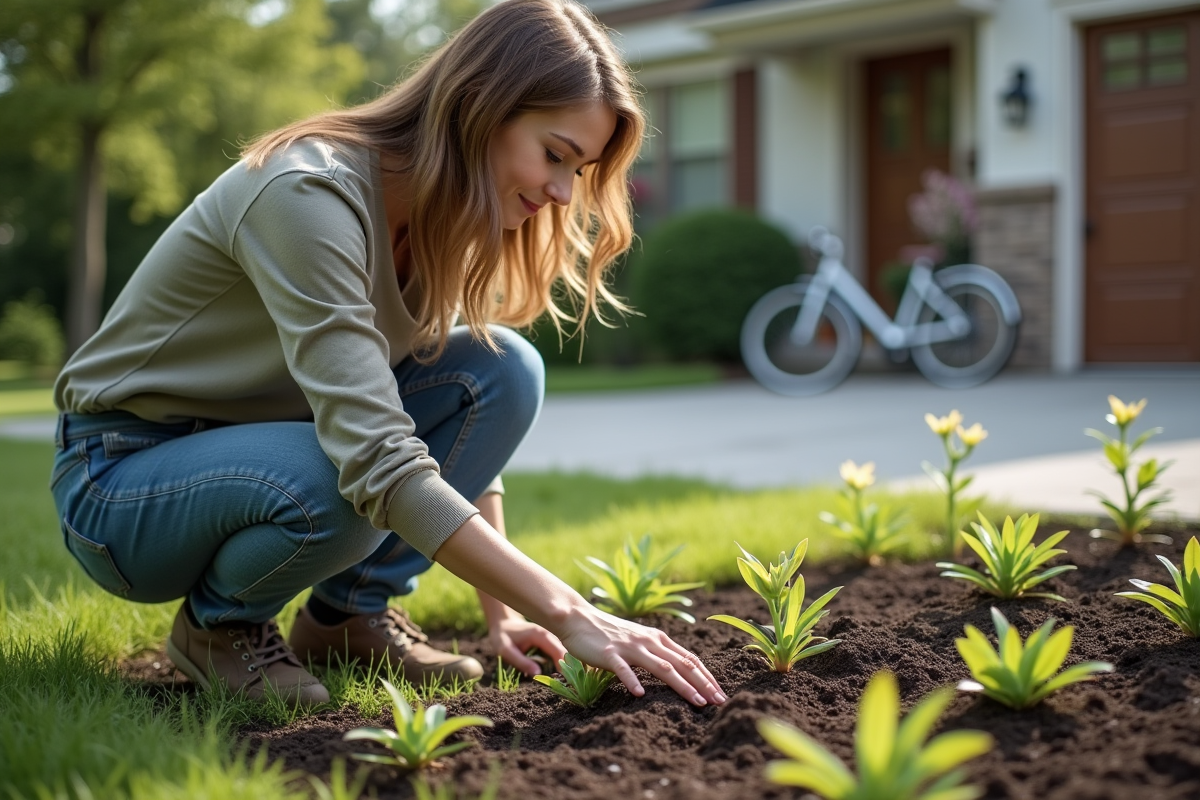 Jeune femme arrosant de jeunes pousses dans un jardin résidentiel