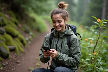 Jeune femme en randonnée utilisant son smartphone dans la nature