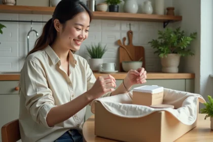 Jeune femme déballant une box écologique dans la cuisine